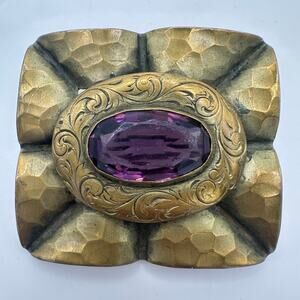Antique 1900s Arts Crafts Nouveau gold tone brass purple glass sash pin brooch